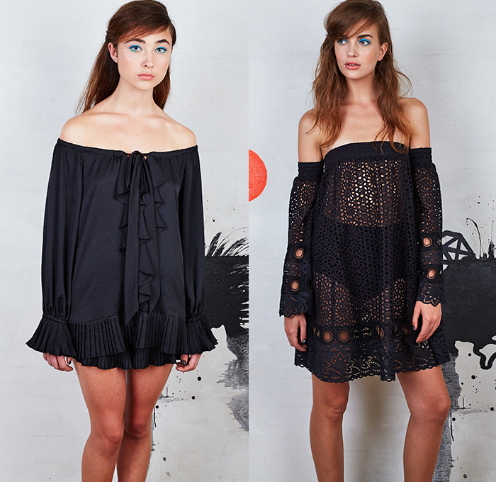 Nanette Lepore 2016 Spring Summer Womens Lookbook Presentation - New York Fashion Week - Carefree Cocktail Daywear Maxi Dress 1970s Seventies 1960s Sixties Retro Kimono Ruffles Blouse Wide Leg Trousers Palazzo Pants Culottes Crop Top Midriff Stripes One Off Shoulder Strapless Lace Mesh Net Lasercut Flowers Floral Motif Embroidery Sheer Chiffon Tiered Outerwear Blazer Jacket Noodle Spaghetti Strap