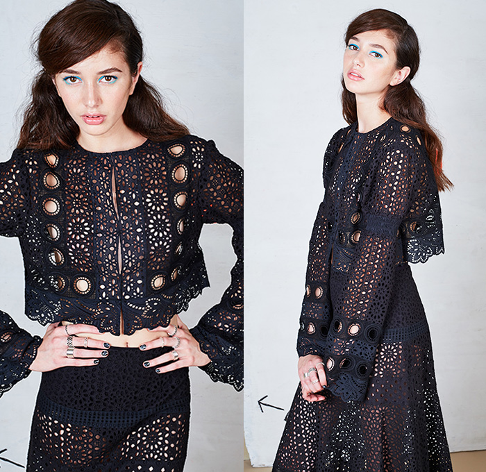 Nanette Lepore 2016 Spring Summer Womens Lookbook Presentation - New York Fashion Week - Carefree Cocktail Daywear Maxi Dress 1970s Seventies 1960s Sixties Retro Kimono Ruffles Blouse Wide Leg Trousers Palazzo Pants Culottes Crop Top Midriff Stripes One Off Shoulder Strapless Lace Mesh Net Lasercut Flowers Floral Motif Embroidery Sheer Chiffon Tiered Outerwear Blazer Jacket Noodle Spaghetti Strap