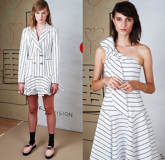 Nanette Lepore 2016 Spring Summer Womens Lookbook Presentation - New York Fashion Week - Carefree Cocktail Daywear Maxi Dress 1970s Seventies 1960s Sixties Retro Kimono Ruffles Blouse Wide Leg Trousers Palazzo Pants Culottes Crop Top Midriff Stripes One Off Shoulder Strapless Lace Mesh Net Lasercut Flowers Floral Motif Embroidery Sheer Chiffon Tiered Outerwear Blazer Jacket Noodle Spaghetti Strap