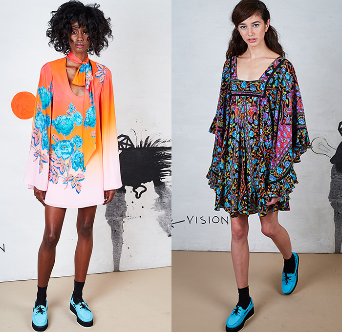Nanette Lepore 2016 Spring Summer Womens Lookbook Presentation - New York Fashion Week - Carefree Cocktail Daywear Maxi Dress 1970s Seventies 1960s Sixties Retro Kimono Ruffles Blouse Wide Leg Trousers Palazzo Pants Culottes Crop Top Midriff Stripes One Off Shoulder Strapless Lace Mesh Net Lasercut Flowers Floral Motif Embroidery Sheer Chiffon Tiered Outerwear Blazer Jacket Noodle Spaghetti Strap