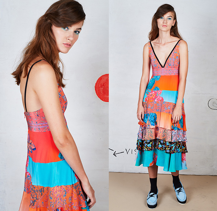 Nanette Lepore 2016 Spring Summer Womens Lookbook Presentation - New York Fashion Week - Carefree Cocktail Daywear Maxi Dress 1970s Seventies 1960s Sixties Retro Kimono Ruffles Blouse Wide Leg Trousers Palazzo Pants Culottes Crop Top Midriff Stripes One Off Shoulder Strapless Lace Mesh Net Lasercut Flowers Floral Motif Embroidery Sheer Chiffon Tiered Outerwear Blazer Jacket Noodle Spaghetti Strap