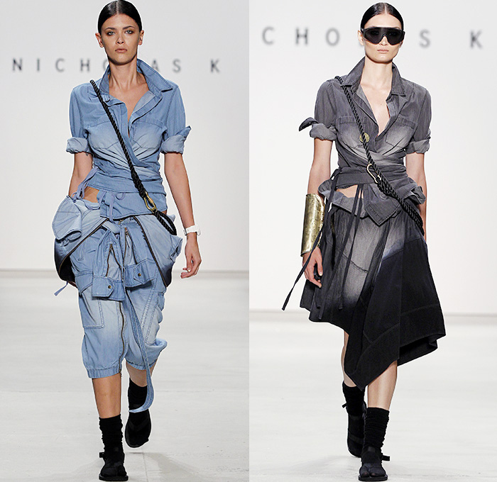 Nicholas K 2016 Spring Summer Womens Runway Catwalk Looks - New York Fashion Week - Terminal Velocity Base Jumpers Parachute Ripstop Nylon Denim Jeans Drapery Hoodie Layers Wrap Dip-Dye Ombre Silk Suede Leather Blouse Harness Gothic Cargo Pockets Socks With Sandals Cuffs Asymmetrical Hem Onesie Jumpsuit Flight Suit Coveralls Shirtdress Cloak Cape Poncho Shawl Maxi Dress Post-Apocalyptic Rainwear