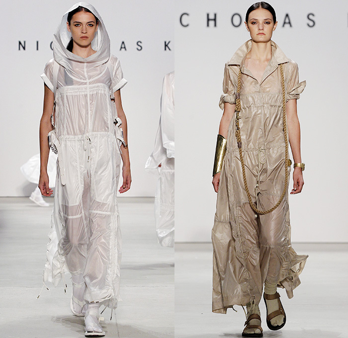 Nicholas K 2016 Spring Summer Womens Runway Catwalk Looks - New York Fashion Week - Terminal Velocity Base Jumpers Parachute Ripstop Nylon Denim Jeans Drapery Hoodie Layers Wrap Dip-Dye Ombre Silk Suede Leather Blouse Harness Gothic Cargo Pockets Socks With Sandals Cuffs Asymmetrical Hem Onesie Jumpsuit Flight Suit Coveralls Shirtdress Cloak Cape Poncho Shawl Maxi Dress Post-Apocalyptic Rainwear