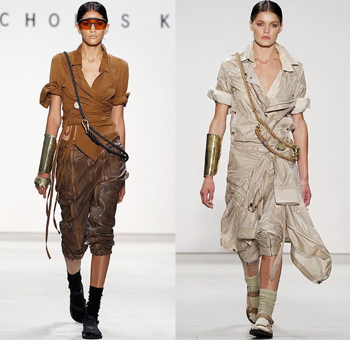 Nicholas K 2016 Spring Summer Womens Runway Catwalk Looks - New York Fashion Week - Terminal Velocity Base Jumpers Parachute Ripstop Nylon Denim Jeans Drapery Hoodie Layers Wrap Dip-Dye Ombre Silk Suede Leather Blouse Harness Gothic Cargo Pockets Socks With Sandals Cuffs Asymmetrical Hem Onesie Jumpsuit Flight Suit Coveralls Shirtdress Cloak Cape Poncho Shawl Maxi Dress Post-Apocalyptic Rainwear