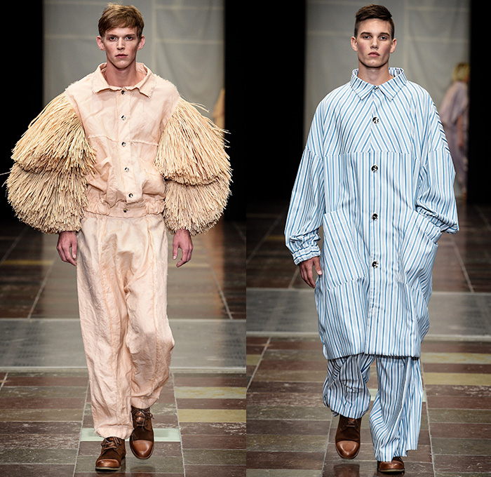 Nicholas Nybro 2016 Spring Summer Mens Runway Catwalk Looks SQ1 - Copenhagen Fashion Week Denmark CPHFW - Fairy Tale Snow Queen Shirtdress Stripes Long Sleeve Blouse Straws 3D Adornments Headwear Pants Trousers Wide Leg Trousers Palazzo Pants Patchwork Frayed Raw Asymmetrical Hem Half Panels Accordion Pleats Bag Tote Ruffles Silk Tiered Gown Metallic Sheer Chiffon Braid Drapery Oversized Loungewear