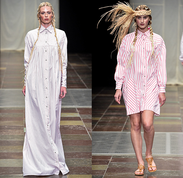 Nicholas Nybro 2016 Spring Summer Womens Runway Catwalk Looks SQ1 - Copenhagen Fashion Week Denmark CPHFW - Fairy Tale Snow Queen Shirtdress Stripes Long Sleeve Blouse Straws 3D Adornments Headwear Pants Trousers Wide Leg Trousers Palazzo Pants Patchwork Frayed Raw Asymmetrical Hem Half Panels Accordion Pleats Bag Tote Ruffles Silk Tiered Gown Metallic Sheer Chiffon Braid Drapery Oversized Loungewear 