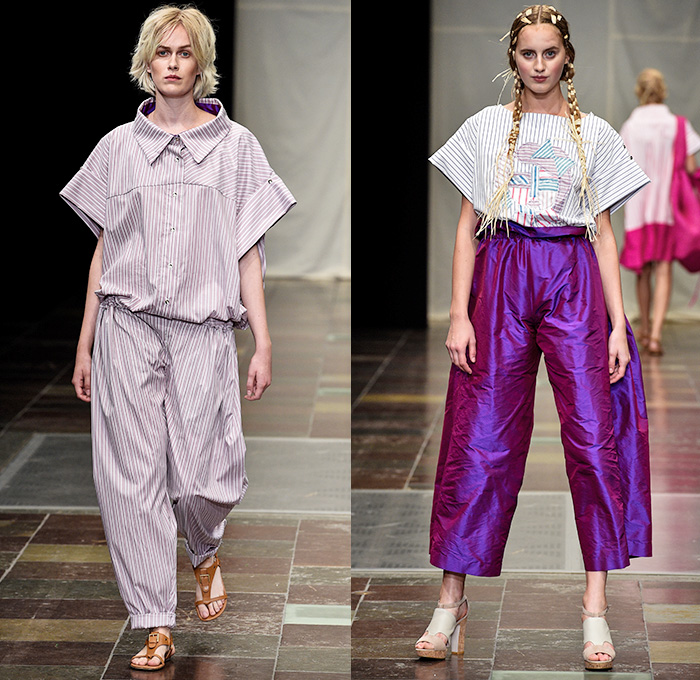 Nicholas Nybro 2016 Spring Summer Womens Runway Catwalk Looks SQ1 - Copenhagen Fashion Week Denmark CPHFW - Fairy Tale Snow Queen Shirtdress Stripes Long Sleeve Blouse Straws 3D Adornments Headwear Pants Trousers Wide Leg Trousers Palazzo Pants Patchwork Frayed Raw Asymmetrical Hem Half Panels Accordion Pleats Bag Tote Ruffles Silk Tiered Gown Metallic Sheer Chiffon Braid Drapery Oversized Loungewear 