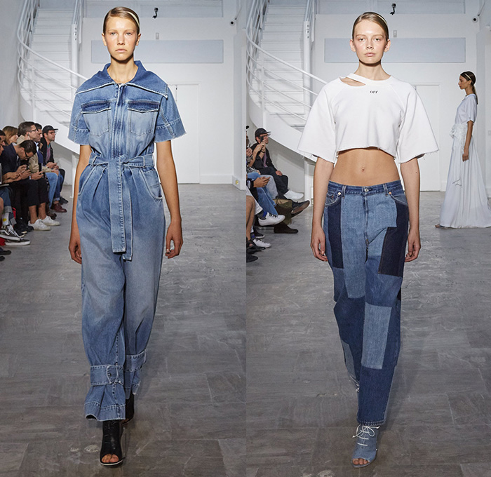 Off-White by Virgil Abloh 2016 Spring Summer Womens Runway Catwalk Looks - Paris Fashion Week Mode Féminin France - Denim Jeans Frayed Raw Hem Destroyed Patchwork Sash Waist Crop Top Midriff Shirt Zipper Blouse Bralette Accordion Pleats Half Panel Skirt Frock Outerwear Blazer Jacket Handbag White Vest Waistcoat Tiered Turtleneck Elongated Sleeves Wide Leg Trousers Palazzo Pants Wrap Tie Up Windowpane Check Slouchy Knot Reverse