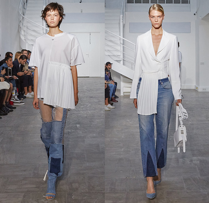 Off-White by Virgil Abloh 2016 Spring Summer Womens Runway Catwalk Looks - Paris Fashion Week Mode Féminin France - Denim Jeans Frayed Raw Hem Destroyed Patchwork Sash Waist Crop Top Midriff Shirt Zipper Blouse Bralette Accordion Pleats Half Panel Skirt Frock Outerwear Blazer Jacket Handbag White Vest Waistcoat Tiered Turtleneck Elongated Sleeves Wide Leg Trousers Palazzo Pants Wrap Tie Up Windowpane Check Slouchy Knot Reverse