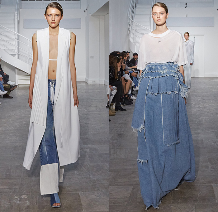 Off-White by Virgil Abloh 2016 Spring Summer Womens Runway Catwalk Looks - Paris Fashion Week Mode Féminin France - Denim Jeans Frayed Raw Hem Destroyed Patchwork Sash Waist Crop Top Midriff Shirt Zipper Blouse Bralette Accordion Pleats Half Panel Skirt Frock Outerwear Blazer Jacket Handbag White Vest Waistcoat Tiered Turtleneck Elongated Sleeves Wide Leg Trousers Palazzo Pants Wrap Tie Up Windowpane Check Slouchy Knot Reverse