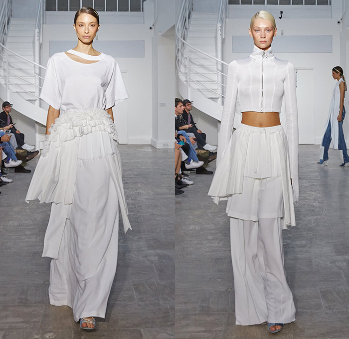 Off-White by Virgil Abloh 2016 Spring Summer Womens Runway Catwalk Looks - Paris Fashion Week Mode Féminin France - Denim Jeans Frayed Raw Hem Destroyed Patchwork Sash Waist Crop Top Midriff Shirt Zipper Blouse Bralette Accordion Pleats Half Panel Skirt Frock Outerwear Blazer Jacket Handbag White Vest Waistcoat Tiered Turtleneck Elongated Sleeves Wide Leg Trousers Palazzo Pants Wrap Tie Up Windowpane Check Slouchy Knot Reverse