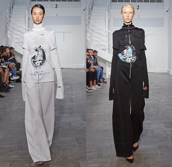 Off-White by Virgil Abloh 2016 Spring Summer Womens Runway Catwalk Looks - Paris Fashion Week Mode Féminin France - Denim Jeans Frayed Raw Hem Destroyed Patchwork Sash Waist Crop Top Midriff Shirt Zipper Blouse Bralette Accordion Pleats Half Panel Skirt Frock Outerwear Blazer Jacket Handbag White Vest Waistcoat Tiered Turtleneck Elongated Sleeves Wide Leg Trousers Palazzo Pants Wrap Tie Up Windowpane Check Slouchy Knot Reverse