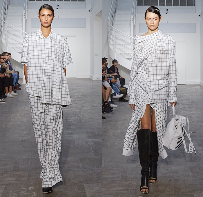 Off-White by Virgil Abloh 2016 Spring Summer Womens Runway Catwalk Looks - Paris Fashion Week Mode Féminin France - Denim Jeans Frayed Raw Hem Destroyed Patchwork Sash Waist Crop Top Midriff Shirt Zipper Blouse Bralette Accordion Pleats Half Panel Skirt Frock Outerwear Blazer Jacket Handbag White Vest Waistcoat Tiered Turtleneck Elongated Sleeves Wide Leg Trousers Palazzo Pants Wrap Tie Up Windowpane Check Slouchy Knot Reverse