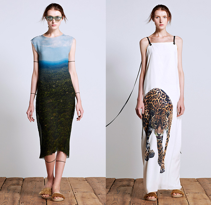 Osklen 2016 Spring Summer Womens Lookbook Presentation - New York Fashion Week - Asháninka Tribe Silk Suede Ocean Jungle Animals Tribal Ethnic Linen Miniskirt Frock Blouse Wrap Halter Top Frayed Raw Hem Tie Up Tunic Sleeveless Knit Crochet Fringes Tankdress Jungle Cheetah Grommets Maxi Dress Feathers Sheer Chiffon Onesie Jumpsuit Coveralls Snake Shirtdress Lace Up Diamond Cargo Pockets