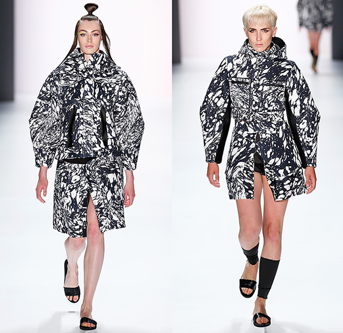 Pearly Wong 2016 Spring Summer Womens Runway Catwalk Looks - Mercedes-Benz Fashion Week Berlin Germany Deutschland - Abstract Liquid Form Graphic Motif Outerwear Coat Parka Jacket Hoodie Deconstructed Half Skirt Frock Cargo Utility Pockets Shirtdress Popover Sweaterdress Angular Sleeve Asymmetrical Straps Boxy D-ring Sash Waist Skort Crop Top Midriff Zigzag Stripes Handkerchief Hem Sandals