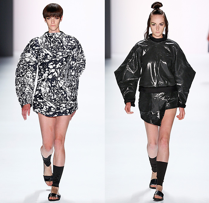 Pearly Wong 2016 Spring Summer Womens Runway Catwalk Looks - Mercedes-Benz Fashion Week Berlin Germany Deutschland - Abstract Liquid Form Graphic Motif Outerwear Coat Parka Jacket Hoodie Deconstructed Half Skirt Frock Cargo Utility Pockets Shirtdress Popover Sweaterdress Angular Sleeve Asymmetrical Straps Boxy D-ring Sash Waist Skort Crop Top Midriff Zigzag Stripes Handkerchief Hem Sandals