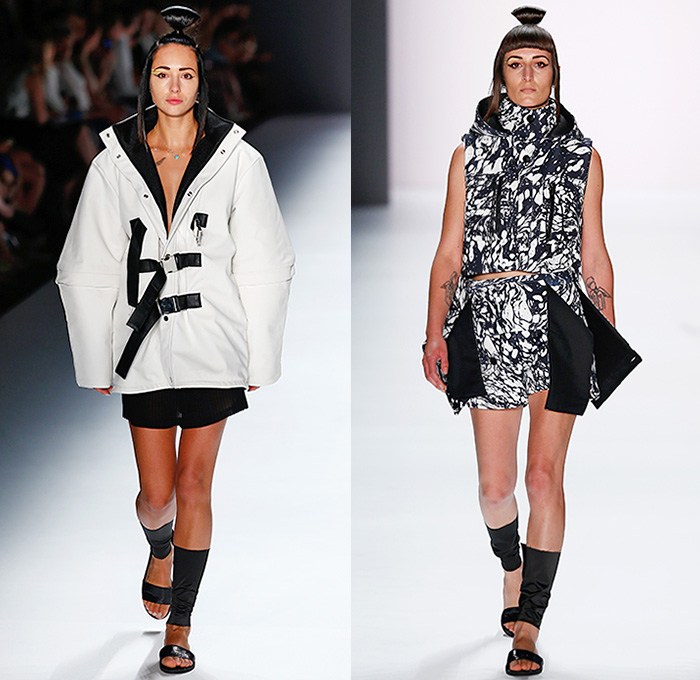 Pearly Wong 2016 Spring Summer Womens Runway Catwalk Looks - Mercedes-Benz Fashion Week Berlin Germany Deutschland - Abstract Liquid Form Graphic Motif Outerwear Coat Parka Jacket Hoodie Deconstructed Half Skirt Frock Cargo Utility Pockets Shirtdress Popover Sweaterdress Angular Sleeve Asymmetrical Straps Boxy D-ring Sash Waist Skort Crop Top Midriff Zigzag Stripes Handkerchief Hem Sandals