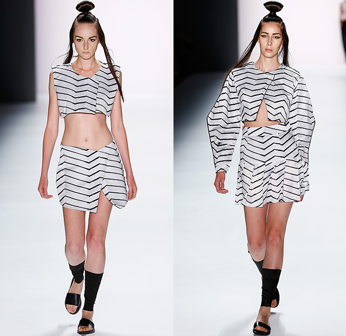 Pearly Wong 2016 Spring Summer Womens Runway Catwalk Looks - Mercedes-Benz Fashion Week Berlin Germany Deutschland - Abstract Liquid Form Graphic Motif Outerwear Coat Parka Jacket Hoodie Deconstructed Half Skirt Frock Cargo Utility Pockets Shirtdress Popover Sweaterdress Angular Sleeve Asymmetrical Straps Boxy D-ring Sash Waist Skort Crop Top Midriff Zigzag Stripes Handkerchief Hem Sandals