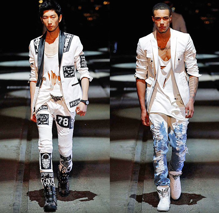 Philipp Plein 2016 Spring Summer Mens Runway Catwalk Looks - Porta Romana Rail Yard Milano Moda Uomo Collezione Milan Fashion Week Italy - Denim Jeans Mad Max Hip Rock Moto Motorcycle Biker Rider Leather Racer Outerwear Jacket Embroidery Metallic Studs Blazer Shorts Vest Waistcoat Gilet Gloves Graffiti Sweatshirt Hoodie Skull Knee Panels Sweater Jumper Straps Bomber Jacket