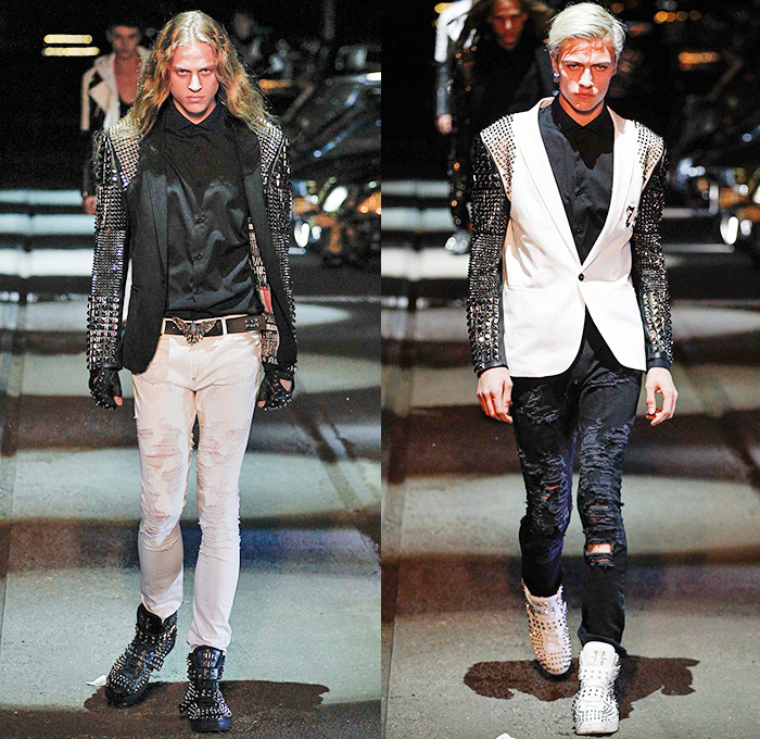 Philipp Plein 2016 Spring Summer Mens Runway Catwalk Looks - Porta Romana Rail Yard Milano Moda Uomo Collezione Milan Fashion Week Italy - Denim Jeans Mad Max Hip Rock Moto Motorcycle Biker Rider Leather Racer Outerwear Jacket Embroidery Metallic Studs Blazer Shorts Vest Waistcoat Gilet Gloves Graffiti Sweatshirt Hoodie Skull Knee Panels Sweater Jumper Straps Bomber Jacket