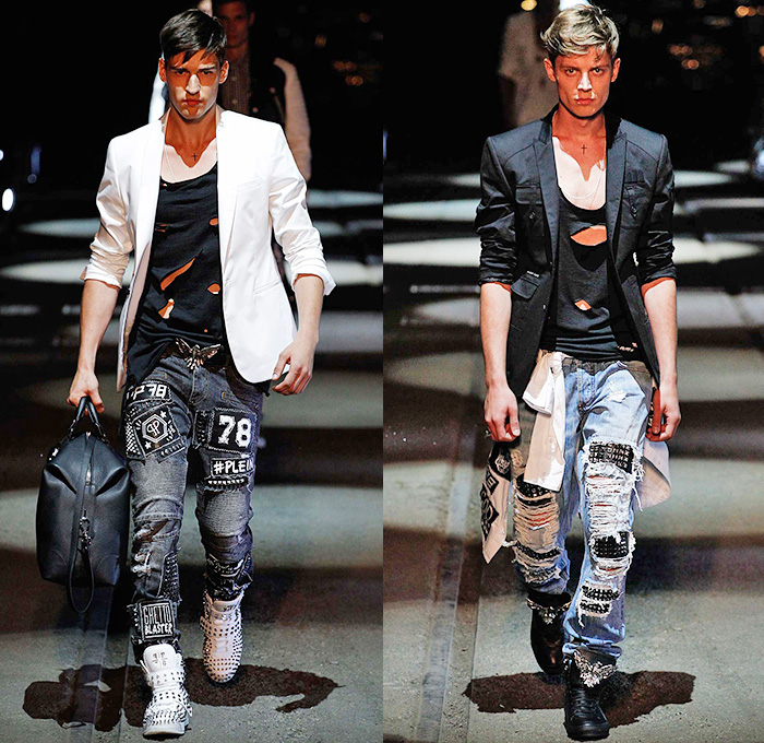 Philipp Plein 2016 Spring Summer Mens Runway Catwalk Looks - Porta Romana Rail Yard Milano Moda Uomo Collezione Milan Fashion Week Italy - Denim Jeans Mad Max Hip Rock Moto Motorcycle Biker Rider Leather Racer Outerwear Jacket Embroidery Metallic Studs Blazer Shorts Vest Waistcoat Gilet Gloves Graffiti Sweatshirt Hoodie Skull Knee Panels Sweater Jumper Straps Bomber Jacket