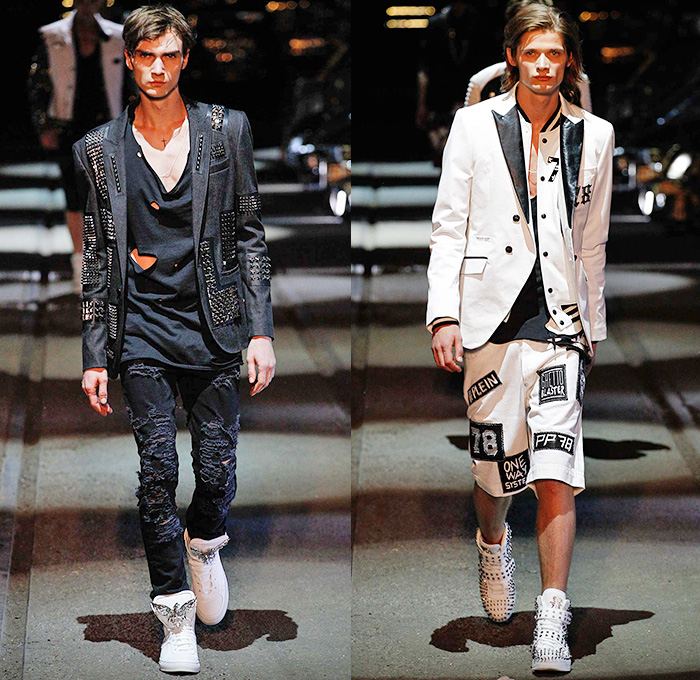 Philipp Plein 2016 Spring Summer Mens Runway Catwalk Looks - Porta Romana Rail Yard Milano Moda Uomo Collezione Milan Fashion Week Italy - Denim Jeans Mad Max Hip Rock Moto Motorcycle Biker Rider Leather Racer Outerwear Jacket Embroidery Metallic Studs Blazer Shorts Vest Waistcoat Gilet Gloves Graffiti Sweatshirt Hoodie Skull Knee Panels Sweater Jumper Straps Bomber Jacket