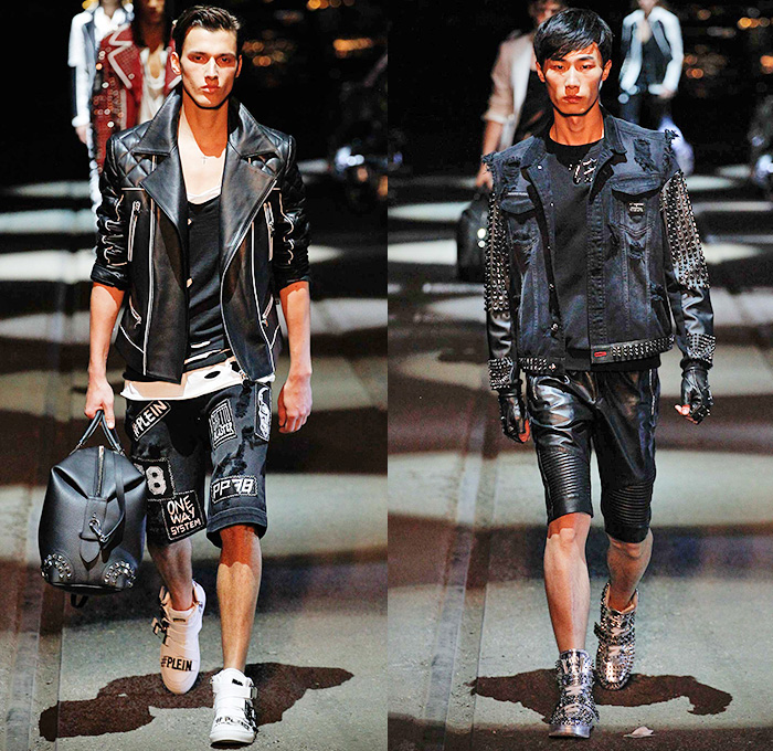 Philipp Plein 2016 Spring Summer Mens Runway Catwalk Looks - Porta Romana Rail Yard Milano Moda Uomo Collezione Milan Fashion Week Italy - Denim Jeans Mad Max Hip Rock Moto Motorcycle Biker Rider Leather Racer Outerwear Jacket Embroidery Metallic Studs Blazer Shorts Vest Waistcoat Gilet Gloves Graffiti Sweatshirt Hoodie Skull Knee Panels Sweater Jumper Straps Bomber Jacket