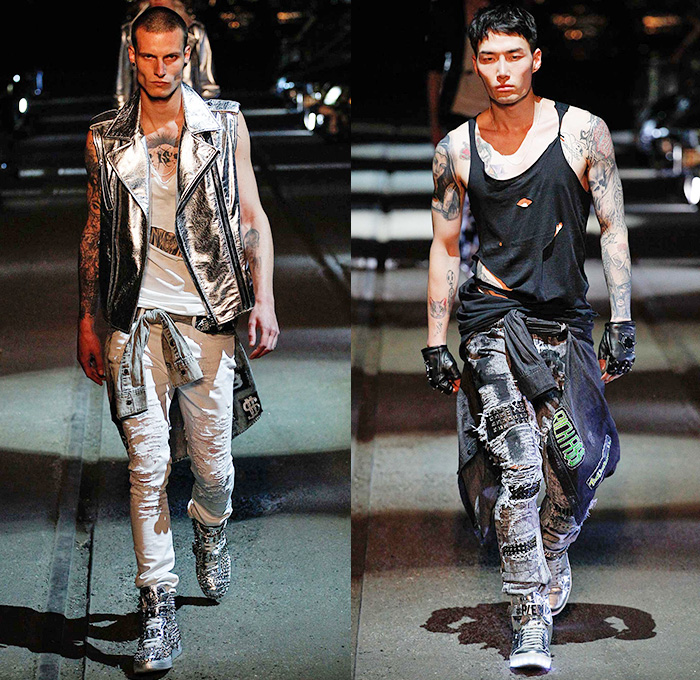 Philipp Plein 2016 Spring Summer Mens Runway Catwalk Looks - Porta Romana Rail Yard Milano Moda Uomo Collezione Milan Fashion Week Italy - Denim Jeans Mad Max Hip Rock Moto Motorcycle Biker Rider Leather Racer Outerwear Jacket Embroidery Metallic Studs Blazer Shorts Vest Waistcoat Gilet Gloves Graffiti Sweatshirt Hoodie Skull Knee Panels Sweater Jumper Straps Bomber Jacket