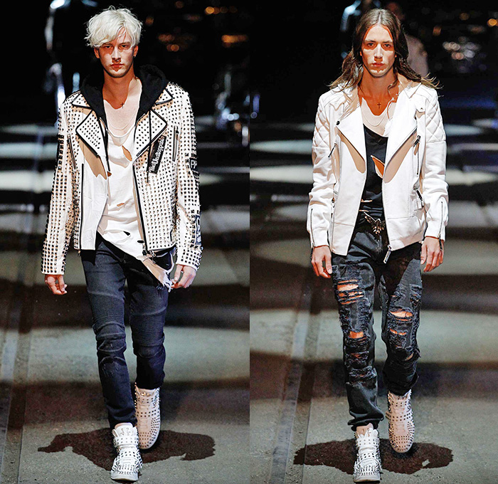 Philipp Plein 2016 Spring Summer Mens Runway Catwalk Looks - Porta Romana Rail Yard Milano Moda Uomo Collezione Milan Fashion Week Italy - Denim Jeans Mad Max Hip Rock Moto Motorcycle Biker Rider Leather Racer Outerwear Jacket Embroidery Metallic Studs Blazer Shorts Vest Waistcoat Gilet Gloves Graffiti Sweatshirt Hoodie Skull Knee Panels Sweater Jumper Straps Bomber Jacket