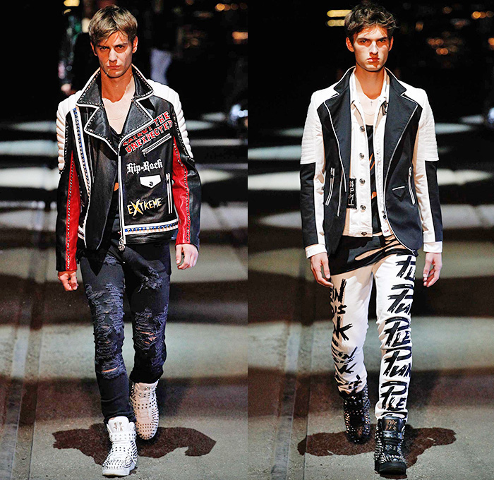 Philipp Plein 2016 Spring Summer Mens Runway Catwalk Looks - Porta Romana Rail Yard Milano Moda Uomo Collezione Milan Fashion Week Italy - Denim Jeans Mad Max Hip Rock Moto Motorcycle Biker Rider Leather Racer Outerwear Jacket Embroidery Metallic Studs Blazer Shorts Vest Waistcoat Gilet Gloves Graffiti Sweatshirt Hoodie Skull Knee Panels Sweater Jumper Straps Bomber Jacket