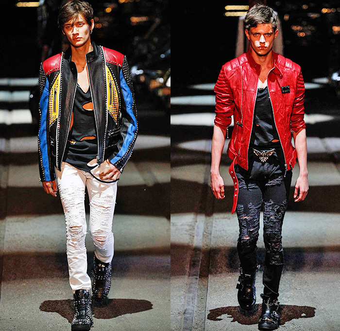 Philipp Plein 2016 Spring Summer Mens Runway Catwalk Looks - Porta Romana Rail Yard Milano Moda Uomo Collezione Milan Fashion Week Italy - Denim Jeans Mad Max Hip Rock Moto Motorcycle Biker Rider Leather Racer Outerwear Jacket Embroidery Metallic Studs Blazer Shorts Vest Waistcoat Gilet Gloves Graffiti Sweatshirt Hoodie Skull Knee Panels Sweater Jumper Straps Bomber Jacket