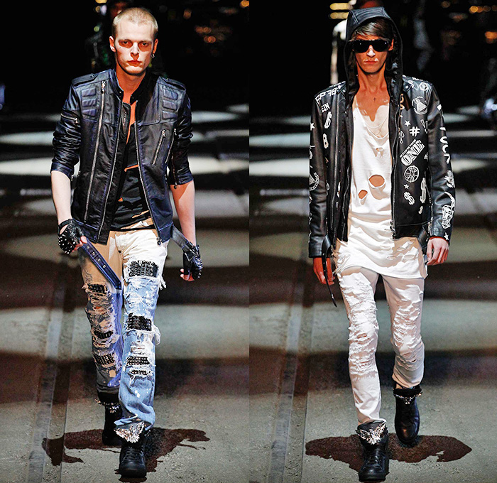 Philipp Plein 2016 Spring Summer Mens Runway Catwalk Looks - Porta Romana Rail Yard Milano Moda Uomo Collezione Milan Fashion Week Italy - Denim Jeans Mad Max Hip Rock Moto Motorcycle Biker Rider Leather Racer Outerwear Jacket Embroidery Metallic Studs Blazer Shorts Vest Waistcoat Gilet Gloves Graffiti Sweatshirt Hoodie Skull Knee Panels Sweater Jumper Straps Bomber Jacket