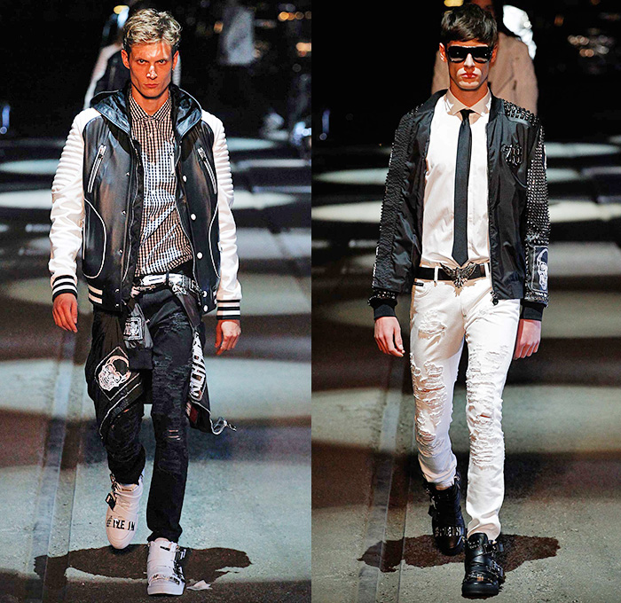 Philipp Plein 2016 Spring Summer Mens Runway Catwalk Looks - Porta Romana Rail Yard Milano Moda Uomo Collezione Milan Fashion Week Italy - Denim Jeans Mad Max Hip Rock Moto Motorcycle Biker Rider Leather Racer Outerwear Jacket Embroidery Metallic Studs Blazer Shorts Vest Waistcoat Gilet Gloves Graffiti Sweatshirt Hoodie Skull Knee Panels Sweater Jumper Straps Bomber Jacket