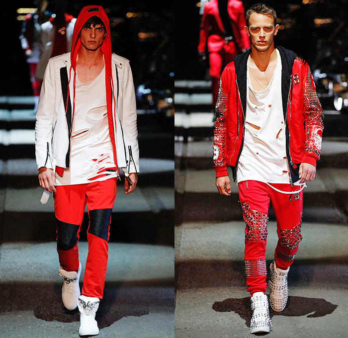 Philipp Plein 2016 Spring Summer Mens Runway Catwalk Looks - Porta Romana Rail Yard Milano Moda Uomo Collezione Milan Fashion Week Italy - Denim Jeans Mad Max Hip Rock Moto Motorcycle Biker Rider Leather Racer Outerwear Jacket Embroidery Metallic Studs Blazer Shorts Vest Waistcoat Gilet Gloves Graffiti Sweatshirt Hoodie Skull Knee Panels Sweater Jumper Straps Bomber Jacket