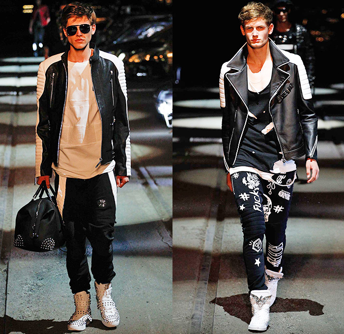 Philipp Plein 2016 Spring Summer Mens Runway Catwalk Looks - Porta Romana Rail Yard Milano Moda Uomo Collezione Milan Fashion Week Italy - Denim Jeans Mad Max Hip Rock Moto Motorcycle Biker Rider Leather Racer Outerwear Jacket Embroidery Metallic Studs Blazer Shorts Vest Waistcoat Gilet Gloves Graffiti Sweatshirt Hoodie Skull Knee Panels Sweater Jumper Straps Bomber Jacket