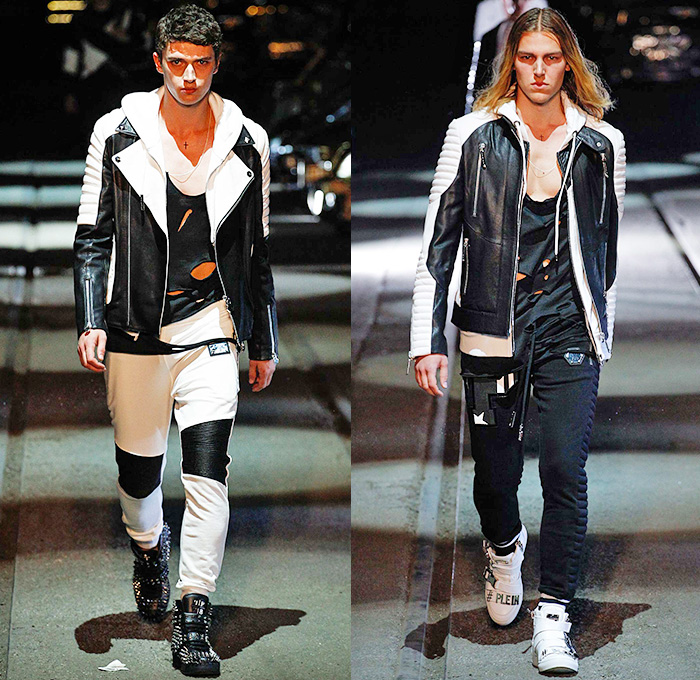 Philipp Plein 2016 Spring Summer Mens Runway Catwalk Looks - Porta Romana Rail Yard Milano Moda Uomo Collezione Milan Fashion Week Italy - Denim Jeans Mad Max Hip Rock Moto Motorcycle Biker Rider Leather Racer Outerwear Jacket Embroidery Metallic Studs Blazer Shorts Vest Waistcoat Gilet Gloves Graffiti Sweatshirt Hoodie Skull Knee Panels Sweater Jumper Straps Bomber Jacket