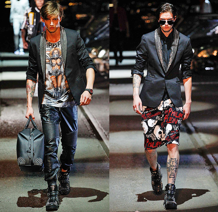 Philipp Plein 2016 Spring Summer Mens Runway Catwalk Looks - Porta Romana Rail Yard Milano Moda Uomo Collezione Milan Fashion Week Italy - Denim Jeans Mad Max Hip Rock Moto Motorcycle Biker Rider Leather Racer Outerwear Jacket Embroidery Metallic Studs Blazer Shorts Vest Waistcoat Gilet Gloves Graffiti Sweatshirt Hoodie Skull Knee Panels Sweater Jumper Straps Bomber Jacket