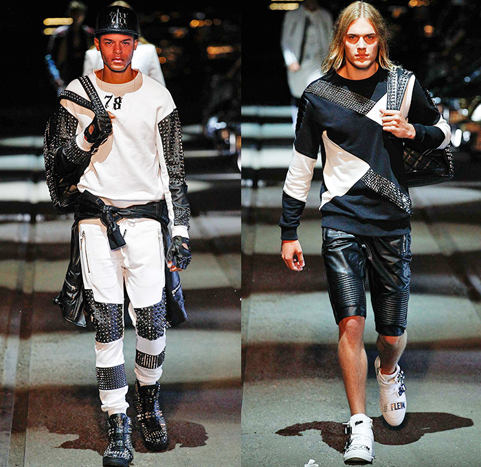 Philipp Plein 2016 Spring Summer Mens Runway Catwalk Looks - Porta Romana Rail Yard Milano Moda Uomo Collezione Milan Fashion Week Italy - Denim Jeans Mad Max Hip Rock Moto Motorcycle Biker Rider Leather Racer Outerwear Jacket Embroidery Metallic Studs Blazer Shorts Vest Waistcoat Gilet Gloves Graffiti Sweatshirt Hoodie Skull Knee Panels Sweater Jumper Straps Bomber Jacket