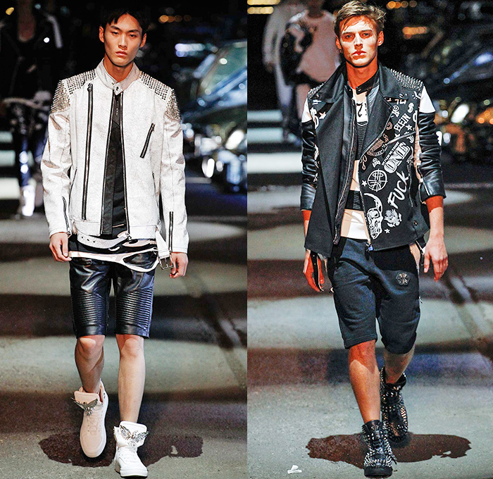 Philipp Plein 2016 Spring Summer Mens Runway Catwalk Looks - Porta Romana Rail Yard Milano Moda Uomo Collezione Milan Fashion Week Italy - Denim Jeans Mad Max Hip Rock Moto Motorcycle Biker Rider Leather Racer Outerwear Jacket Embroidery Metallic Studs Blazer Shorts Vest Waistcoat Gilet Gloves Graffiti Sweatshirt Hoodie Skull Knee Panels Sweater Jumper Straps Bomber Jacket