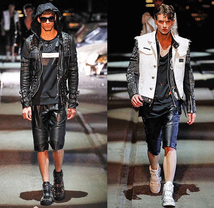 Philipp Plein 2016 Spring Summer Mens Runway Catwalk Looks - Porta Romana Rail Yard Milano Moda Uomo Collezione Milan Fashion Week Italy - Denim Jeans Mad Max Hip Rock Moto Motorcycle Biker Rider Leather Racer Outerwear Jacket Embroidery Metallic Studs Blazer Shorts Vest Waistcoat Gilet Gloves Graffiti Sweatshirt Hoodie Skull Knee Panels Sweater Jumper Straps Bomber Jacket