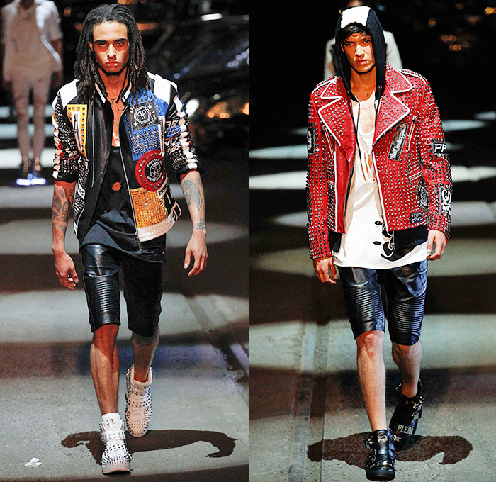 Philipp Plein 2016 Spring Summer Mens Runway Catwalk Looks - Porta Romana Rail Yard Milano Moda Uomo Collezione Milan Fashion Week Italy - Denim Jeans Mad Max Hip Rock Moto Motorcycle Biker Rider Leather Racer Outerwear Jacket Embroidery Metallic Studs Blazer Shorts Vest Waistcoat Gilet Gloves Graffiti Sweatshirt Hoodie Skull Knee Panels Sweater Jumper Straps Bomber Jacket