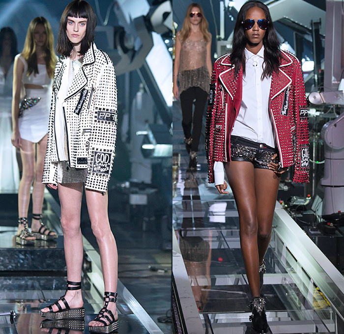 Philipp Plein 2016 Spring Summer Womens Runway Catwalk Looks - Milano Moda Donna Collezione Milan Fashion Week Italy Camera Nazionale della Moda Italiana - Denim Jeans Motorcycle Biker Rider Leather Embroidery Adornments Bedazzled Metallic Studs Sheer Chiffon Tulle Outerwear Shorts Blouse Tuxedo Jacket Pantsuit Destroyed Destructed Vest Waistcoat Heavy Metal Barbed Wire Roses Hoodie Fringes Eveningwear Gown