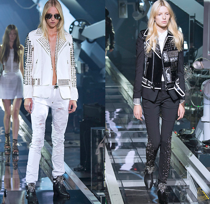 Philipp Plein 2016 Spring Summer Womens Runway Catwalk Looks - Milano Moda Donna Collezione Milan Fashion Week Italy Camera Nazionale della Moda Italiana - Denim Jeans Motorcycle Biker Rider Leather Embroidery Adornments Bedazzled Metallic Studs Sheer Chiffon Tulle Outerwear Shorts Blouse Tuxedo Jacket Pantsuit Destroyed Destructed Vest Waistcoat Heavy Metal Barbed Wire Roses Hoodie Fringes Eveningwear Gown