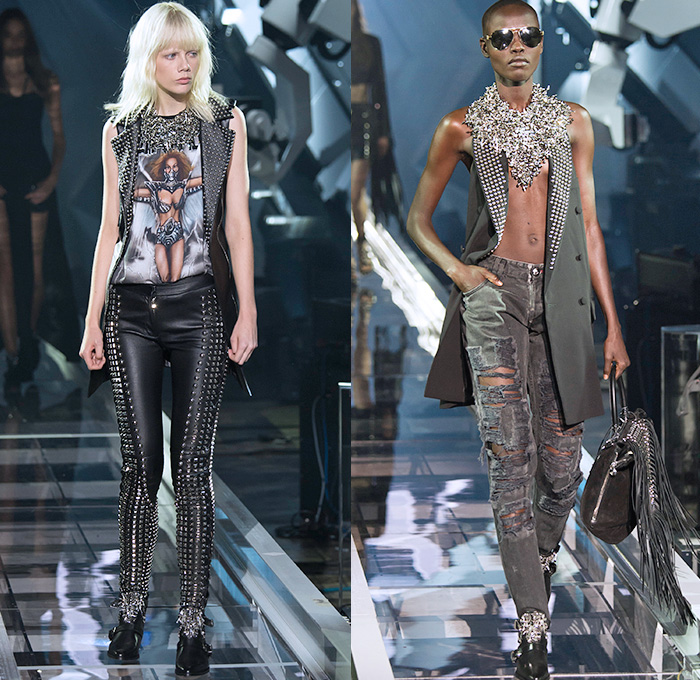 Philipp Plein 2016 Spring Summer Womens Runway Catwalk Looks - Milano Moda Donna Collezione Milan Fashion Week Italy Camera Nazionale della Moda Italiana - Denim Jeans Motorcycle Biker Rider Leather Embroidery Adornments Bedazzled Metallic Studs Sheer Chiffon Tulle Outerwear Shorts Blouse Tuxedo Jacket Pantsuit Destroyed Destructed Vest Waistcoat Heavy Metal Barbed Wire Roses Hoodie Fringes Eveningwear Gown