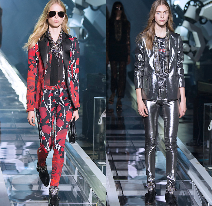 Philipp Plein 2016 Spring Summer Womens Runway Catwalk Looks - Milano Moda Donna Collezione Milan Fashion Week Italy Camera Nazionale della Moda Italiana - Denim Jeans Motorcycle Biker Rider Leather Embroidery Adornments Bedazzled Metallic Studs Sheer Chiffon Tulle Outerwear Shorts Blouse Tuxedo Jacket Pantsuit Destroyed Destructed Vest Waistcoat Heavy Metal Barbed Wire Roses Hoodie Fringes Eveningwear Gown