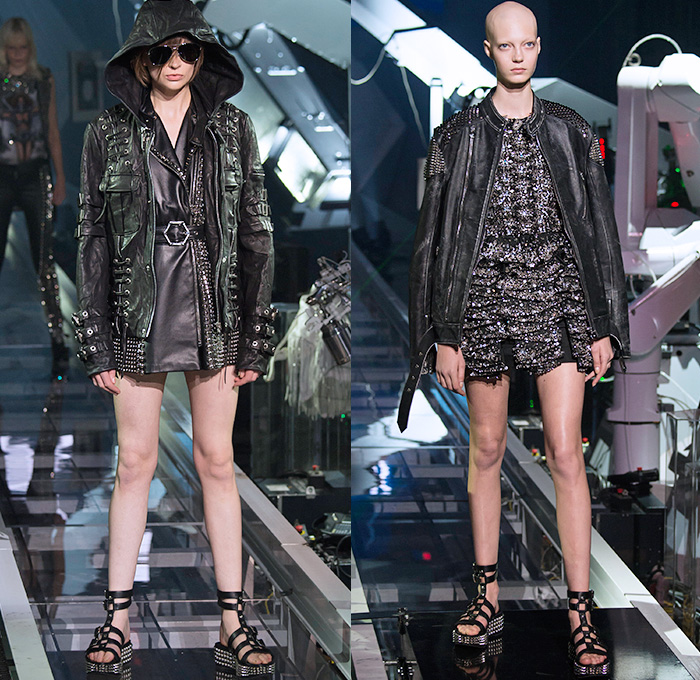 Philipp Plein 2016 Spring Summer Womens Runway Catwalk Looks - Milano Moda Donna Collezione Milan Fashion Week Italy Camera Nazionale della Moda Italiana - Denim Jeans Motorcycle Biker Rider Leather Embroidery Adornments Bedazzled Metallic Studs Sheer Chiffon Tulle Outerwear Shorts Blouse Tuxedo Jacket Pantsuit Destroyed Destructed Vest Waistcoat Heavy Metal Barbed Wire Roses Hoodie Fringes Eveningwear Gown