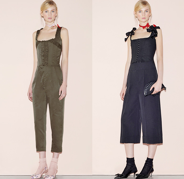 Red Valentino 2016 Spring Summer Womens Lookbook Presentation - New York Fashion Week - Denim Jeans Sheer Chiffon Tulle Lace Flowers Floral Botanical Print Motif Embroidery Adornments Peter Pan Collar Maxi Dress Blouse Tunic Ribbon Bow Onesie Jumpsuit Coveralls Dungarees Wide Leg Trousers Palazzo Pants Culottes Lace Up Sleeveless Knit Crochet Miniskirt Frock Jacquard Shorts Boots Tiered Animal Bird Silk Satin
