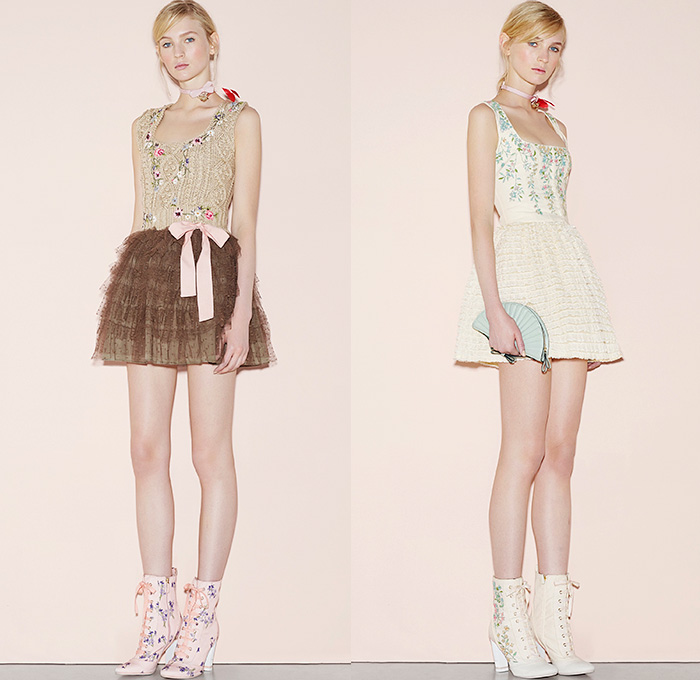 Red Valentino 2016 Spring Summer Womens Lookbook Presentation - New York Fashion Week - Denim Jeans Sheer Chiffon Tulle Lace Flowers Floral Botanical Print Motif Embroidery Adornments Peter Pan Collar Maxi Dress Blouse Tunic Ribbon Bow Onesie Jumpsuit Coveralls Dungarees Wide Leg Trousers Palazzo Pants Culottes Lace Up Sleeveless Knit Crochet Miniskirt Frock Jacquard Shorts Boots Tiered Animal Bird Silk Satin