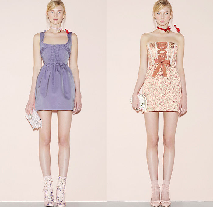 Red Valentino 2016 Spring Summer Womens Lookbook Presentation - New York Fashion Week - Denim Jeans Sheer Chiffon Tulle Lace Flowers Floral Botanical Print Motif Embroidery Adornments Peter Pan Collar Maxi Dress Blouse Tunic Ribbon Bow Onesie Jumpsuit Coveralls Dungarees Wide Leg Trousers Palazzo Pants Culottes Lace Up Sleeveless Knit Crochet Miniskirt Frock Jacquard Shorts Boots Tiered Animal Bird Silk Satin