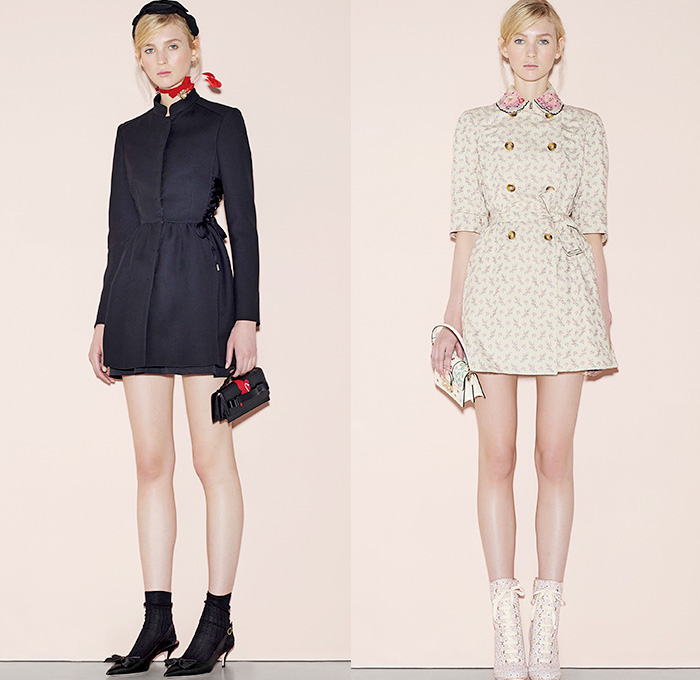 Red Valentino 2016 Spring Summer Womens Lookbook Presentation - New York Fashion Week - Denim Jeans Sheer Chiffon Tulle Lace Flowers Floral Botanical Print Motif Embroidery Adornments Peter Pan Collar Maxi Dress Blouse Tunic Ribbon Bow Onesie Jumpsuit Coveralls Dungarees Wide Leg Trousers Palazzo Pants Culottes Lace Up Sleeveless Knit Crochet Miniskirt Frock Jacquard Shorts Boots Tiered Animal Bird Silk Satin